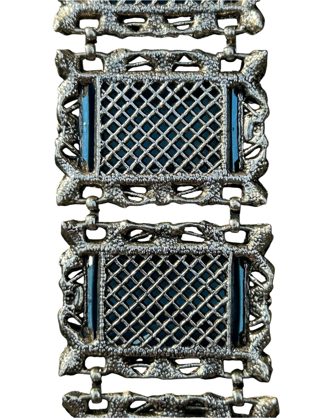 Whimsigoth Chunky Vintage Statement Bracelet  Blue Stones Scroll Work SilverTone - Picture 11 of 12